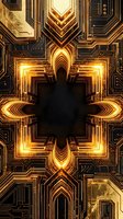 Art deco geometric pattern with glowing golden neon lines and black background. Symmetrical circuit board design with illuminated borders, ideal for luxury branding, tech backgrounds, and modern graphic design projects.