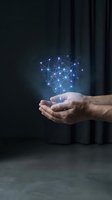 Hands holding glowing digital network connections with blue light nodes and lines representing technology innovation and data connectivity concepts.
