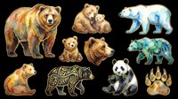 Watercolor bear collection featuring brown bears, polar bears, panda, and paw prints isolated on transparent background. Ready for t-shirt design, clipart, stickers, sublimation, and print-on-demand products.