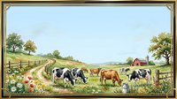Cattle grazing in pastoral farmland with red barn, wooden fences, and wildflowers under clear sky. Suitable for agricultural, rural, and countryside design projects.
