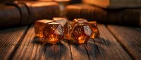 Amber polyhedral dice set on wooden table with warm lighting for tabletop gaming and role-playing adventures.