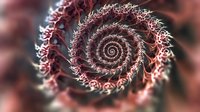 Mesmerizing spiral fractal pattern in dark red and white tones creates hypnotic visual effect with delicate thorny details along curved lines, suitable for abstract wall art.
