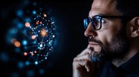 Caucasian businessman with glasses contemplating glowing network visualization, digital transformation concept against dark background with bokeh lights.