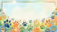 Colorful paw prints in watercolor style with gold frame border and botanical leaf elements, suitable for pet-related designs, greeting cards, and animal-themed projects.