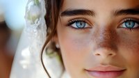 Young woman with striking blue eyes and natural freckles in soft sunlight, close-up portrait showcasing natural beauty and healthy glowing skin.