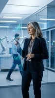 Mature woman with gray hair wearing dark business suit holding tablet with holographic data analytics display in modern glass office environment with colleagues working in background.