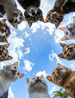 Curious cats forming circle against blue sky with white clouds, looking down at camera. Low angle view creates playful and engaging composition.