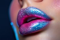 Close up of plump lips covered in vibrant pink and blue glitter makeup with sparkly metallic finish against dark background, showcasing creative cosmetic artistry.