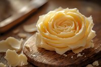 Curled butter shavings in rose shape on rustic wooden cutting board with soft natural lighting, macro food photography for culinary presentation.