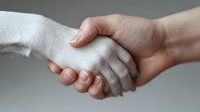 Close-up of human hand shaking dog paw against blurred background, symbolizing friendship, trust and bond between pet owner and faithful companion.