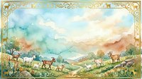 Pastoral landscape with grazing livestock, rolling hills, and mountains under cloudy sky, framed with ornate golden border, suitable for vintage prints and rustic home decor.