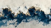 Abstract fluid art background in deep ocean blue and white marble texture with gold accents, flowing organic shapes create dramatic coastal pattern.