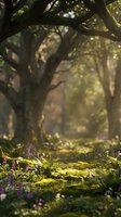 Enchanted forest pathway with gnarled trees, moss-covered ground, and purple wildflowers creating a magical woodland scene for fantasy, nature, and editorial design projects.