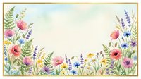 Watercolor wildflower border frame with poppies, lavender, daisies, and ferns on light background with copy space for text.