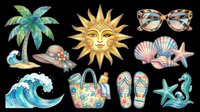 Colorful summer beach clipart set with sun, palm tree, waves, seashells, flip flops, and more, isolated on transparent background, ready for stickers and t-shirt design.