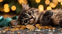 Playful tabby cat lying among golden coins and green Christmas decorations with festive bokeh lights in background, creating magical holiday atmosphere.