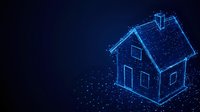Glowing blue wireframe house model with digital particles on dark background, representing smart home technology and real estate innovation.