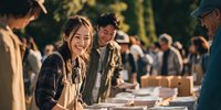Young Asian woman smiling at outdoor farmers market with vendors and customers in background. Community gathering for local produce shopping.