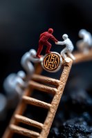 Red and silver figures helping each other climb wooden ladder, symbolizing teamwork, support and business partnership concept against dark background.