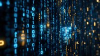 Digital binary code matrix in blue and gold colors with streaming data effect, glowing numbers on dark background for technology and programming concepts.