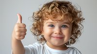 Cheerful caucasian child with curly ginger hair showing thumbs up gesture against light background. Positive expression and natural smile for family lifestyle concepts.