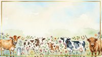 Farm animals watercolor border with cows, sheep, goats and floral elements on textured paper background for agricultural designs and rustic decor projects.