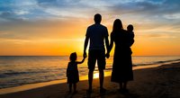 Family silhouettes holding hands on beach at sunset with golden sky and ocean waves. Parents with two children enjoying peaceful moment together by sea.