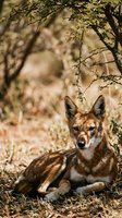 Wild coyote resting under desert shrub in natural habitat with warm sunlight filtering through branches creating peaceful wildlife scene.