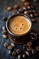 Fresh espresso with golden crema foam in dark ceramic cup surrounded by roasted coffee beans on rustic wooden background, macro food photography.