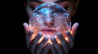 Mystical glowing crystal ball held in feminine hands radiates cosmic energy with starry galaxy effects and ethereal purple-orange light, creating magical atmosphere.