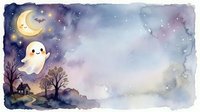 Cute ghost floating in night sky with crescent moon, bare trees, and small house silhouette in watercolor style. Spooky Halloween scene for seasonal designs and children's illustrations.