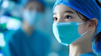 Asian female medical professional wearing surgical mask and cap in hospital setting with blurred background, dramatic lighting creates depth and atmosphere.