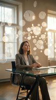 Professional businesswoman contemplating time management surrounded by floating clocks and light orbs in modern office space for productivity concepts.