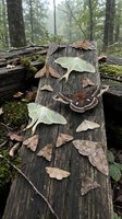 Collection of colorful moths and butterflies resting on weathered wooden log in misty forest setting for nature and wildlife educational content.