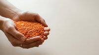 Close-up of hands holding red lentils, showcasing organic legumes for cooking, nutrition, and healthy food preparation concepts.