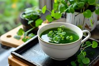 Fresh microgreens soup garnished with watercress in white ceramic bowl on wooden tray. Natural light setting with growing herbs in background creates cozy atmosphere.