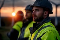 Construction worker in safety gear and hard hat looking into distance during sunset, dramatic lighting highlights bearded face and reflective vest.