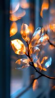 Glowing golden leaves backlit by sunset light create magical autumn atmosphere against blue twilight background, artistic macro nature photography.