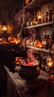 Witch's potion cauldron with glowing red liquid surrounded by carved jack-o-lanterns, vintage bottles, hanging dried herbs, lanterns, and mystical purple smoke in a dark apothecary setting.