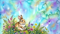 Adorable rabbit sitting among wildflowers and ferns on colorful watercolor background. Spring nature scene with cute bunny for Easter greeting cards.