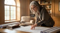 Senior female architect with gray hair reviewing blueprints at wooden desk in warm office interior with natural lighting and bookshelves.