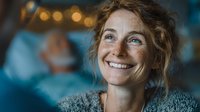 Happy middle-aged Caucasian woman with curly hair smiling warmly in cozy indoor setting with soft bokeh lights creating intimate atmosphere for lifestyle content.