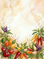 Watercolor garden border featuring fresh vegetables including tomatoes, peppers, and eggplants with botanical foliage on cream background. Isolated design ready for recipe cards, menus, and culinary projects.