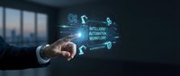 Businessman hand pointing at glowing intelligent automation workflow interface with digital icons and network connections against dark background for technology solutions.