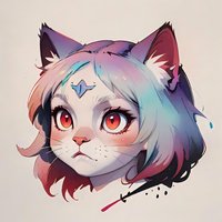 Fantasy cat portrait with magical crystal mark, pastel rainbow hair, and glowing red eyes against soft background, anime-inspired character design for gaming art.