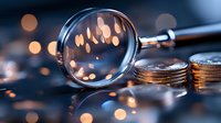 Magnifying glass examining stacked coins with blurred bokeh lights in background, creating financial analysis and investment concept atmosphere.