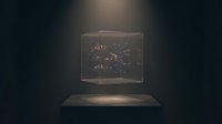 Holographic cube displaying glowing cityscape lights floating above illuminated platform in dark studio setting for futuristic technology concepts.