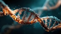 DNA double helix structure with glowing particles and bokeh effects on dark background for scientific research and biotechnology presentations.