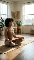 Young woman with dark curly hair and medium skin tone meditating in lotus position on yoga mat in bright, plant-filled home studio with natural light from windows.