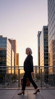 Mature woman with gray hair wearing black business suit and heels walking confidently on urban plaza at golden hour, surrounded by modern skyscrapers, suitable for corporate and professional themes.